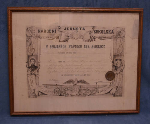 Sokol Certificate, Milwaukee, Wisconsin, USA, 1891